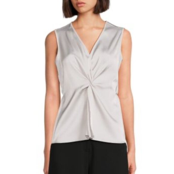 NWT Calvin Klein Twisted Surplice Top Metallic Silver Sleeveless V Neck Size L - Picture 1 of 6